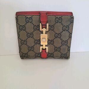 GUCCI GG Vintage Jackie Canvas Leather Wallet Monogram Bifold Medium Red Fair